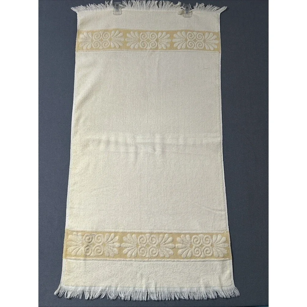 Vintage Cannon Monticello Yellow Fringed Bath Towel Floral Band MCM 41x21 USA